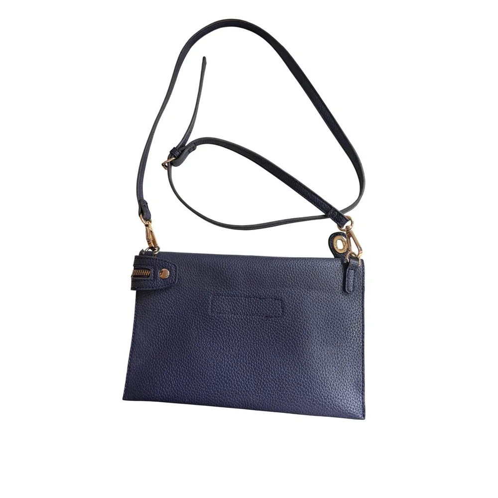 Sondra Roberts Square Navy Blue Pebbled Crossbody Bag Gold Hardware Slim Clutch